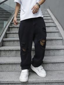 Manfinity EMRG 男士破洞阔腿宽松休闲牛仔裤，磨边牛仔裤，长款宽松破洞纯黑色工装牛仔裤，适合送给丈夫、男朋友的礼物，适合外出闲逛，街头，摇滚风 - 黑色 - 查看 1