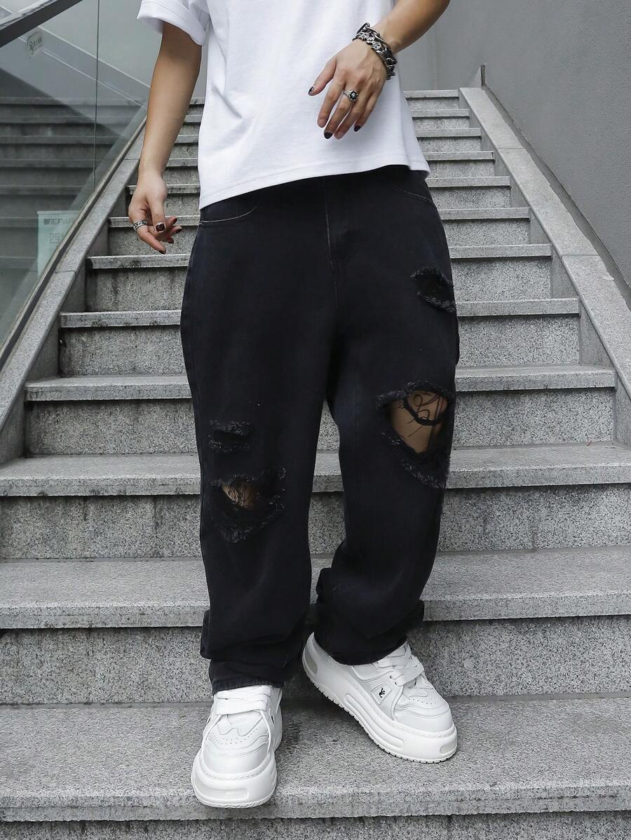 Manfinity EMRG 男士破洞阔腿宽松休闲牛仔裤,磨边牛仔裤,长款宽松破洞纯黑色工装牛仔裤,适合送给丈夫、男朋友的礼物,适合外出闲逛,街头,摇滚风 - 黑色 - 查看 1