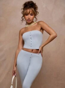 MUSERA Stretch Woven Bandeau Button Detail Top Vacation Casual Spring Summer - Blue - View 5