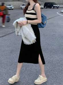 Sleeveless Contrast Color Patchwork Slim Fit Knitted Sweater Dress, Casual For Spring & Autumn