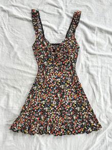 Soleia 女士度假休闲夏季浪漫复活节碎花迷你连衣裙，黑色底色搭配彩色碎花，荷叶袖，收腰设计，荷叶边下摆，可爱午餐休闲度假装扮，碎花连衣裙适合派对、夏季，甜美复古风 - 彩色 - 查看 6