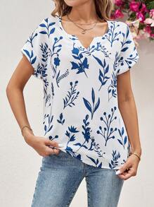 SHEIN Clasi 女士藍白色小枝紋V領蝙蝠袖上衣