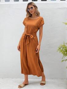 SHEIN VCAY Summer Versatile Style Holiday Solid Color Linen Sleeveless Dress With Front Waist Tie And Side Slit For Women