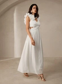 Anewsta Exquisite And Elegant Women's Hollow Out 3D Floral Chiffon Dress For The Waist