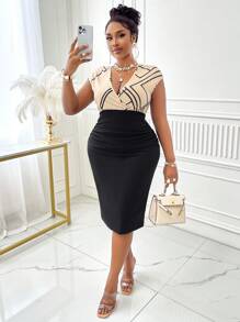 大尺碼優雅通勤風格女款印花v領拼接緊身連衣裙（隨機印花圖案） - 杏色 - 查看 1