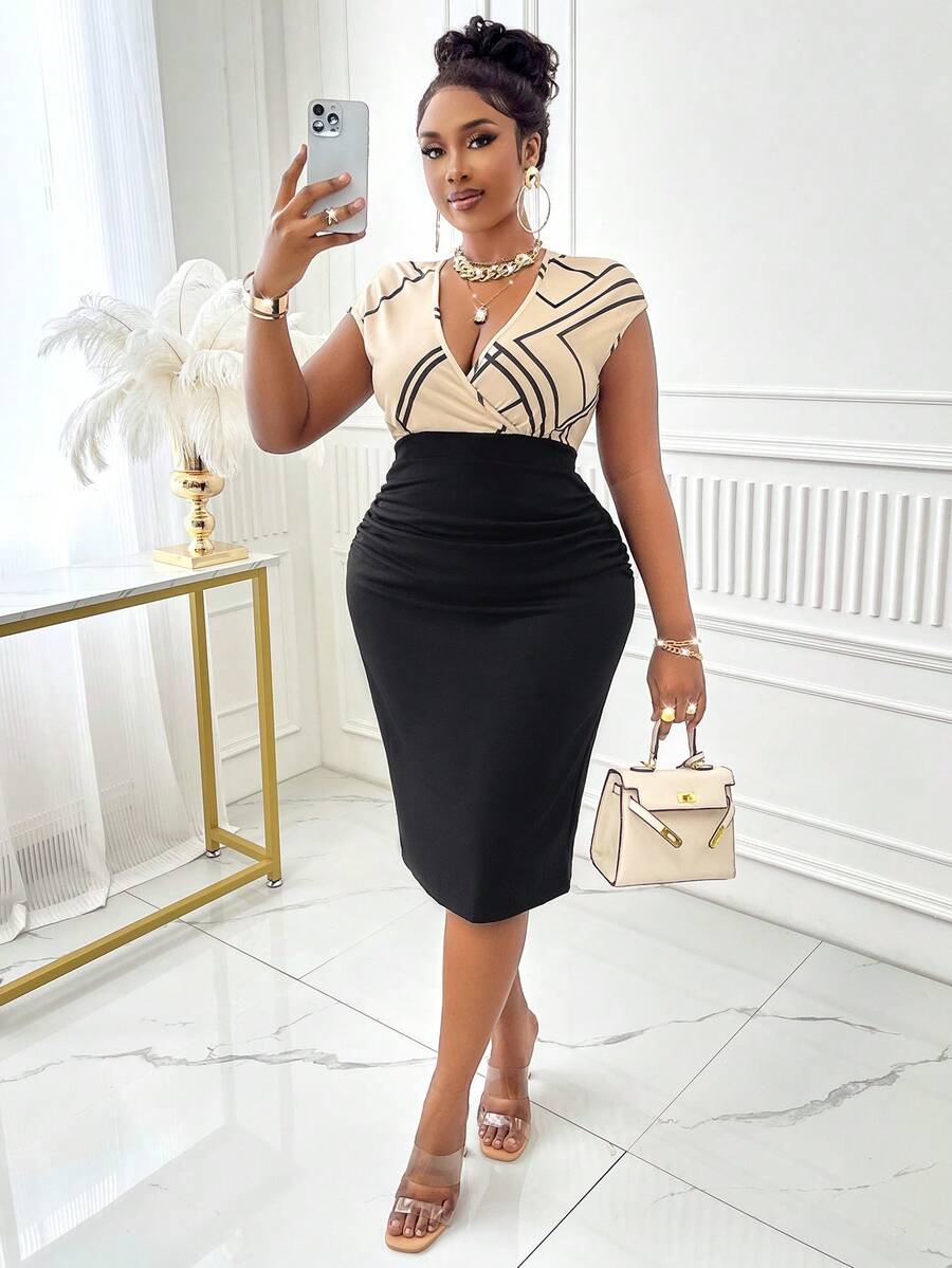 大尺碼優雅通勤風格女款印花v領拼接緊身連衣裙（隨機印花圖案） - 杏色 - 查看 1