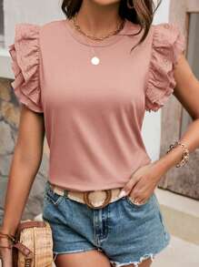 SHEIN Frenchy Camiseta de mujer de manga corta con doble volante, top recortado, fabricado con materiales cómodos, con mangas con bordes de onda bordados de color contrastante, apto para vacaciones y uso diario