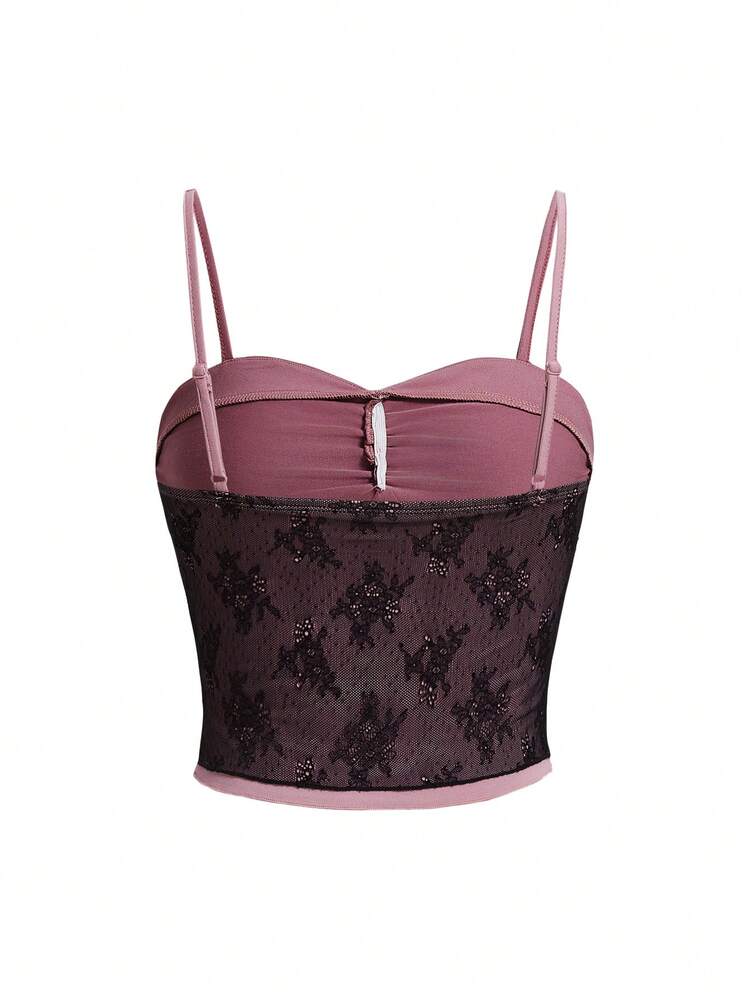 Women's Summer Elegant Music Festival Concert Seaside Vacation Casual Knitted Top Lace Contrast Stitching 2 In 1 Short Camisole