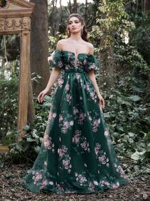 Faeriesty Off Shoulder Puff Sleeves Floral Tulle Prom Dress Woman Formal Ball Gown - Dark Green - View 6