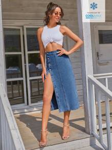 Coolmax Women Fashionable High-Waisted Denim Skirt With Slit Design - Medium Wash - View 7