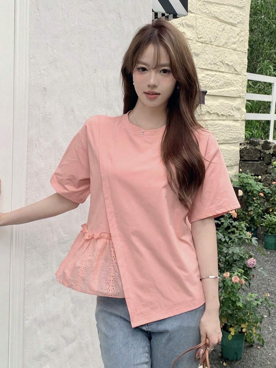 DAZY 女士纯色荷叶边雪纺拼接不对称下摆 T 恤,夏季 - 粉色 - 查看 1