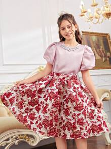 SHEIN Tween Girls' Sweet Puff Sleeve Shirt With Jewel Neckline And Floral Print Skirt Two-Piece Set - Burgundy - View 1