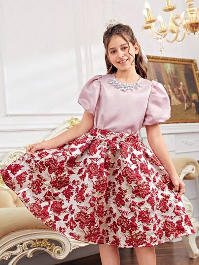 SHEIN 少女甜美泡泡袖上衣寶石領配花印裙子兩件套裝