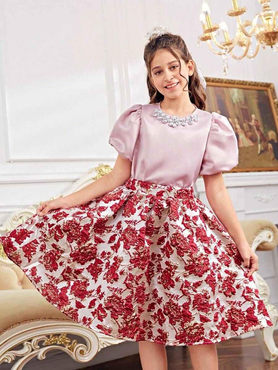 SHEIN Tween Girls' Sweet Puff Sleeve Shirt With Jewel Neckline And Floral Print Skirt Two-Piece Set - Burgundy - View 1