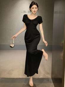 DAZY Women's Elegant Solid Color Twisted Back Fish Tail Dress For Summer Prom Dress Sundress,Formal Women Dresses - Black - View 3