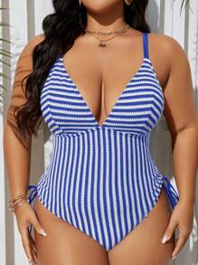 SHEIN Swim Curve 條紋印花加肥大尺碼束腰海灘泳裝 - 寶藍色 - 查看 4