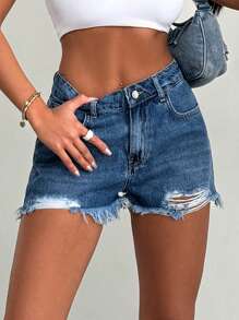 RueChic Summer Casual High Waisted Denim Shorts With Frayed Edge And Pockets - Light Wash - View 5