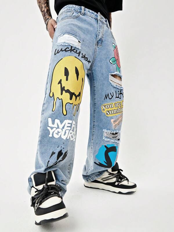 Manfinity EMRG Fashionable Men's Ripped Straight Leg Jeans With Cartoon Letter Graphics Baggy Long Frayed Jean Cargo Graffiti Plain Light Blue Going Out Street Wear Friends