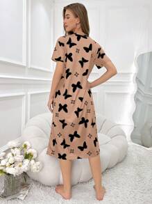 时尚女士蝴蝶印花短袖睡衣连衣裙，哞哞睡裙 - 彩色 - 查看 3