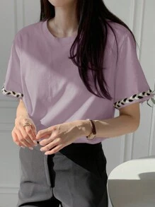 DAZY 女士夏季拼接編織腰帶圓領短袖休閒T恤 - 紫色 - 查看 1