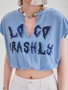 SHEIN EZwear Women's Summer Loose Fit Batwing Crop Sleeve Crop Top, V-Neck Tee With Letter Print - Blue - View 6