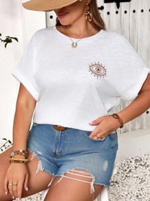 SHEIN Frenchy Plus Size Women's Summer Eye Print Batwing Sleeve T-Shirt With Round Neckline - White - View 1