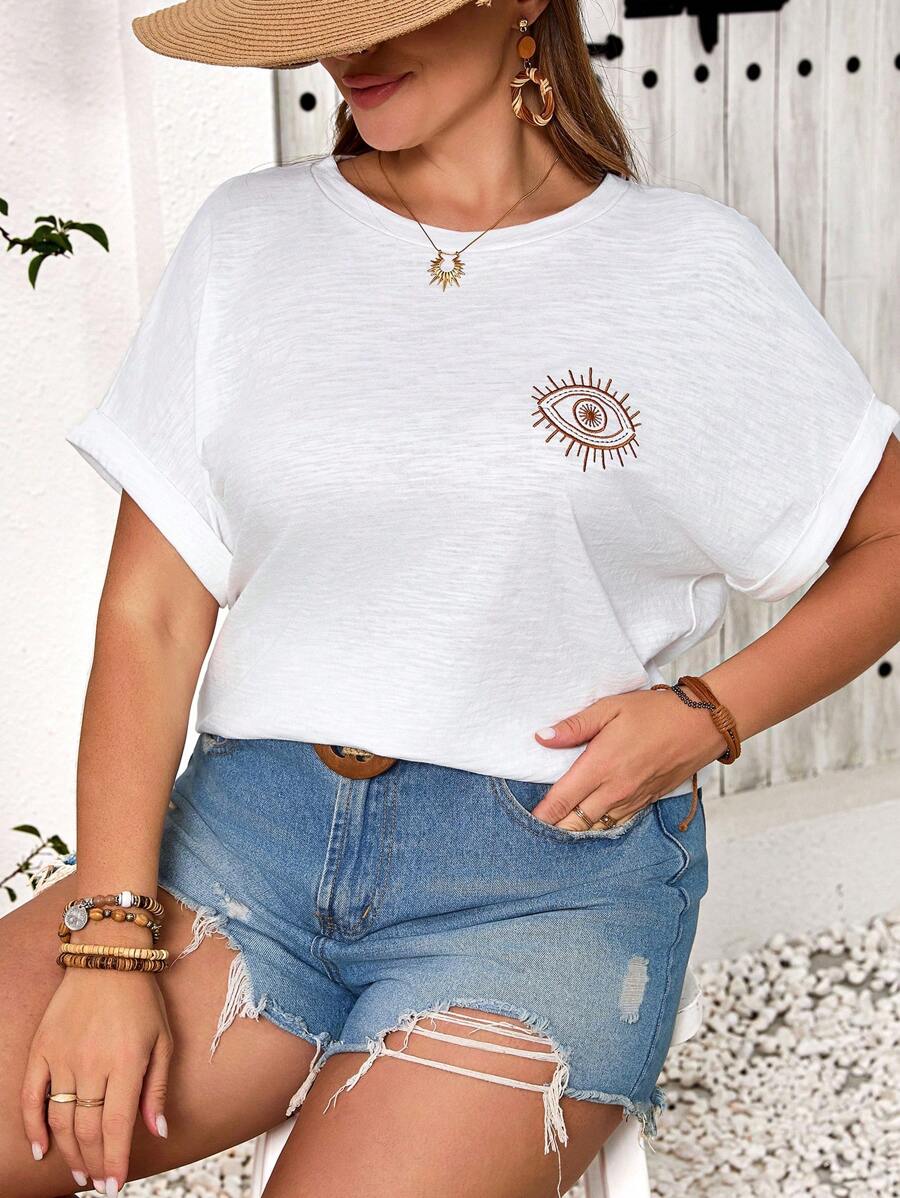 SHEIN Frenchy Plus Size Women's Summer Eye Print Batwing Sleeve T-Shirt With Round Neckline - White - View 1