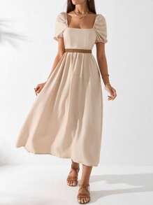 Cloudara Women Puffer Sleeve  Cami  Dress - Beige - View 5