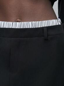 Maija 女装夏季双层腰线条纹拼接商务休闲毕业典礼复古优雅通勤直筒裙 - 黑色 - 查看 10