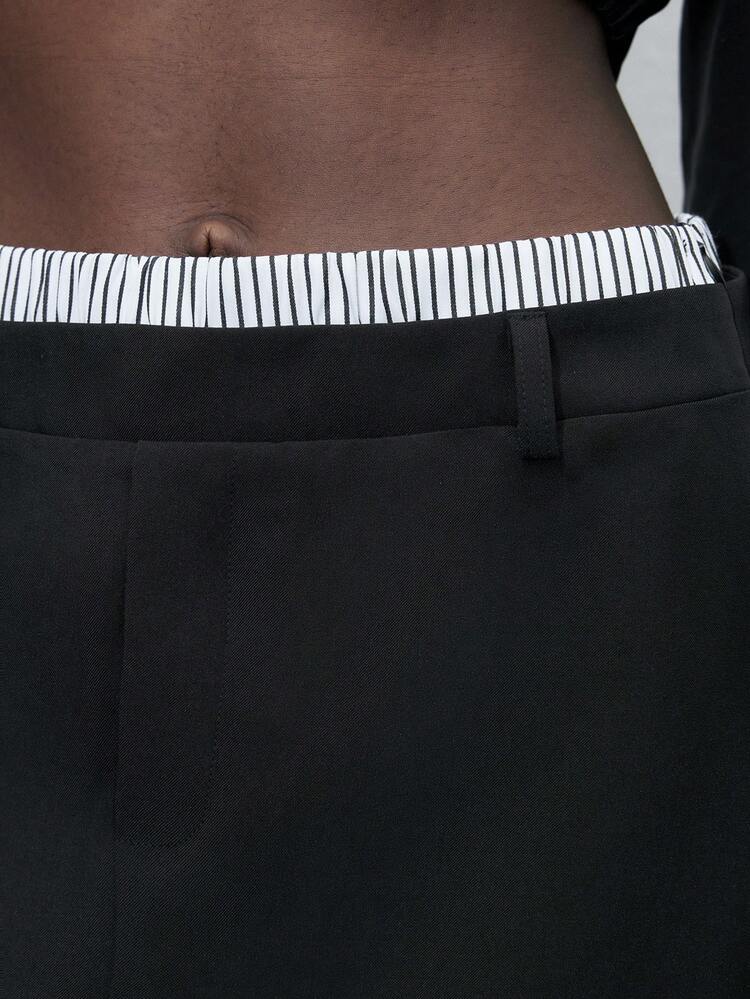 SHEIN Maija Women's Summer Double Layer Waistline Stripe Splicing Business Casual Graduation Ceremony Retro Elegant Commuting Straight Skirt