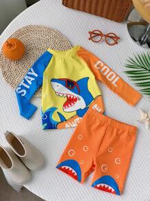 SHEIN Baby Boy And Girl Cute Long Sleeve Rash Guard Swimwear And Swim Shorts With Shark Print And Patchwork,Kids - Multicolor - View 4