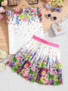 SHEIN Tween Girl elegante top met bloemenprint en rokset met riem