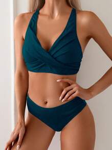 SHEIN Swim Bộ bikini gợi cảm ngực chéo màu trơn dành cho nữ đi biển mùa hè cho kỳ nghỉ - Màu xanh ngọc - Xem 4