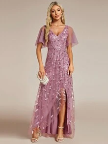 EVERPRETTY Deep V-Neck Sequin Color Block High Waist Split Bridesmaid Dress - Dusty Pink - View 5