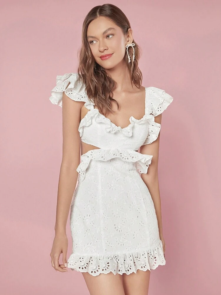 Women Cute Holiday Summer Spring Graduation Party Solid Color Sweetheart Neck Cap Sleeve Waist Hollow Out Simple White Dress