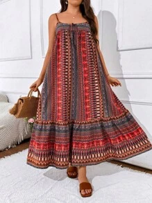 SHEIN Clasi 加大码女式波西米亚风夏季度假风格宽松细肩带连衣裙，配有荷叶边下摆和花卉印花女装 - 彩色 - 查看 6