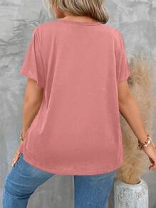 SHEIN LUNE Plus Size Nữ Mùa Hè Màu Trơn Cổ Chữ V Vải Xếp Áo Thun Nữ Tay Ngắn - Màu Hồng  San hô - Xem 2