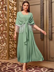 Al Najma Elegant Rhinestone Tassel Decorated Batwing Sleeve Long Dress With Straps, Summer