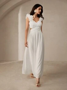 Anewsta Exquisite And Elegant Women's Hollow Out 3D Floral Chiffon Dress For The Waist