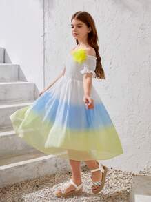 Tween Girl Summer Shirred Cold Shoulder Casual Gradient Dress For Beach Vacation