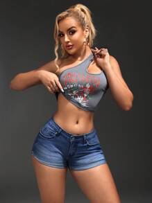 SHEIN SXY Quần short denim ôm vừa vặn cạp cao thời trang dành cho nữ - Rửa tối - Xem 3