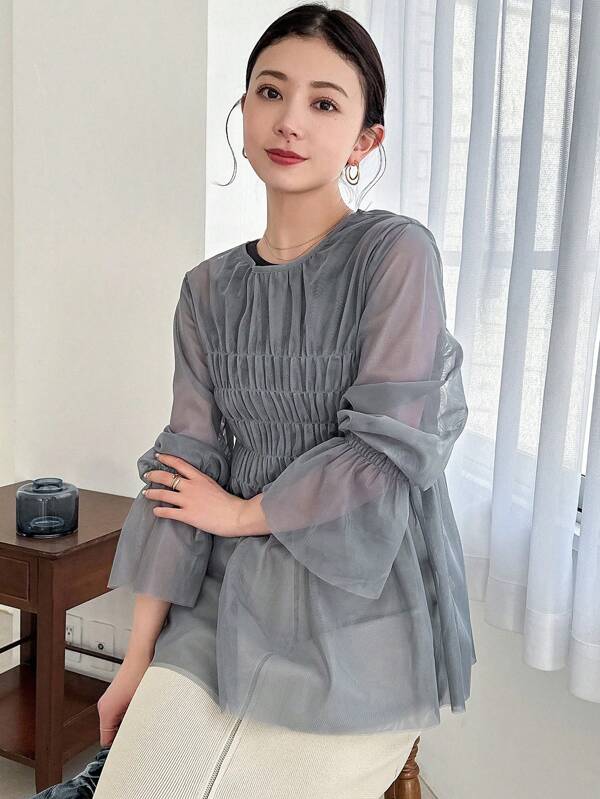 FRIFUL Women Spring/Summer Round Neck Ruffle Mesh Top With Pleats Long Sleeve Top