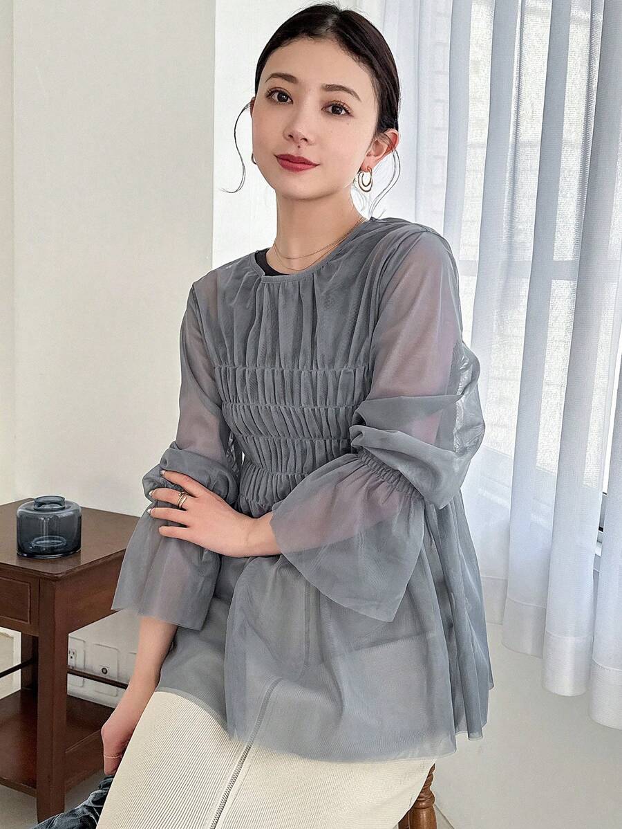 FRIFUL 女士春夏圆领荷叶边网眼褶皱长袖上衣 - 灰色 - 查看 1