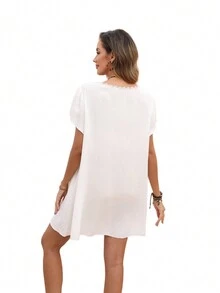 Vestido bordado de manga murciélago y cuello redondo de patrón vintage para verano - Blanco - Ver 2