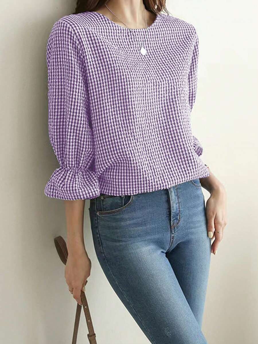 INAWLY Áo sơ mi dài tay cổ tròn cơ bản dành cho nữ mặc hàng ngày - Màu tím - Xem 1