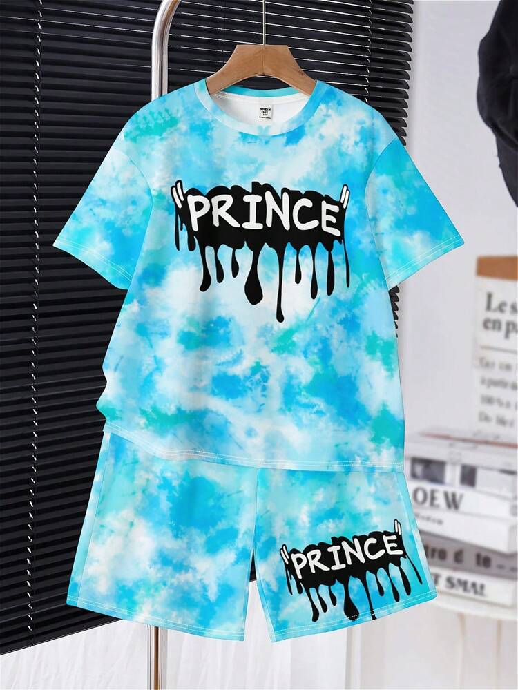 Tween Boy Casual Simple Letter Print Short Sleeve T-Shirt And Shorts 2pcs Summer Set