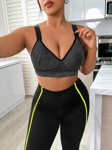 Bộ trang phục dạo phố thể thao dành cho nữ cỡ lớn với quần legging chống đẩy chắp vá và áo ngực cúp cố định hỗ trợ cao - màu đen - Xem 7