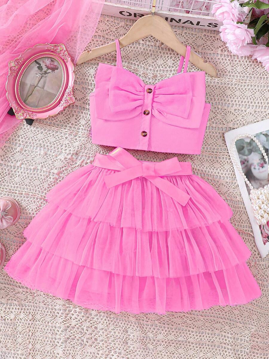 Conjunto de 2 piezas para niña joven con bonita blusa de tirantes y falda de tul decorada con lazo para el verano - Rosa - Ver 1