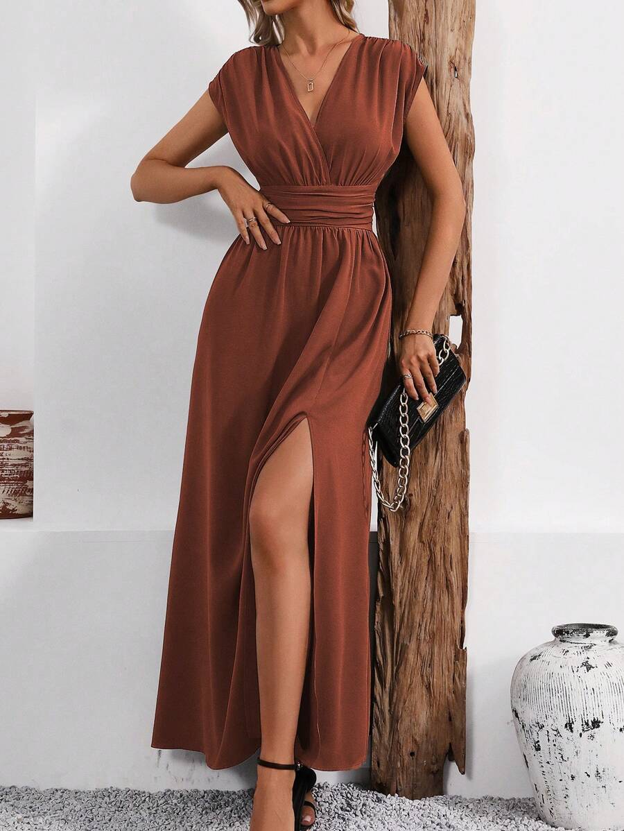 LanaWest 女士夏季休闲纯色高开衩长连衣裙，抽绳腰带设计，超长款女装