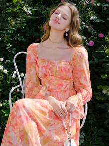 Vacation Elegant Full Floral Print Flare Sleeve Cinched Waist Mini Dress